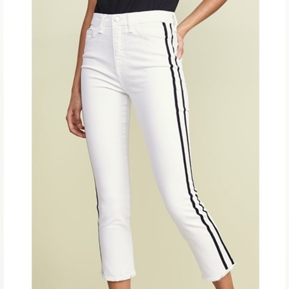 Veronica Beard 28 Carly Kick Flare Jeans White w/ Tuxedo Stripe Raw Hem - Picture 1 of 9